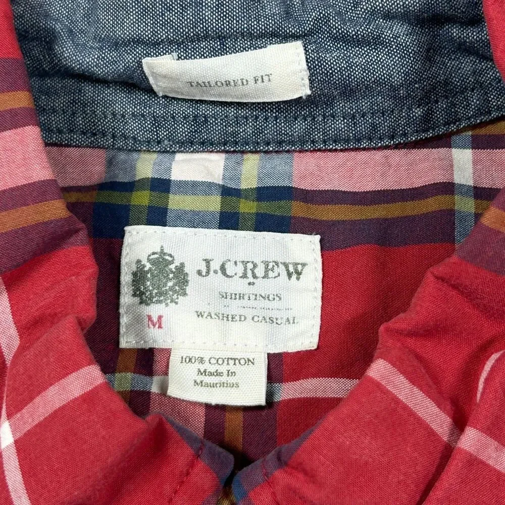 JCrew Shirt Mens M Red Plaid Tailored Fit Button Down 100% Cotton Casual Classic